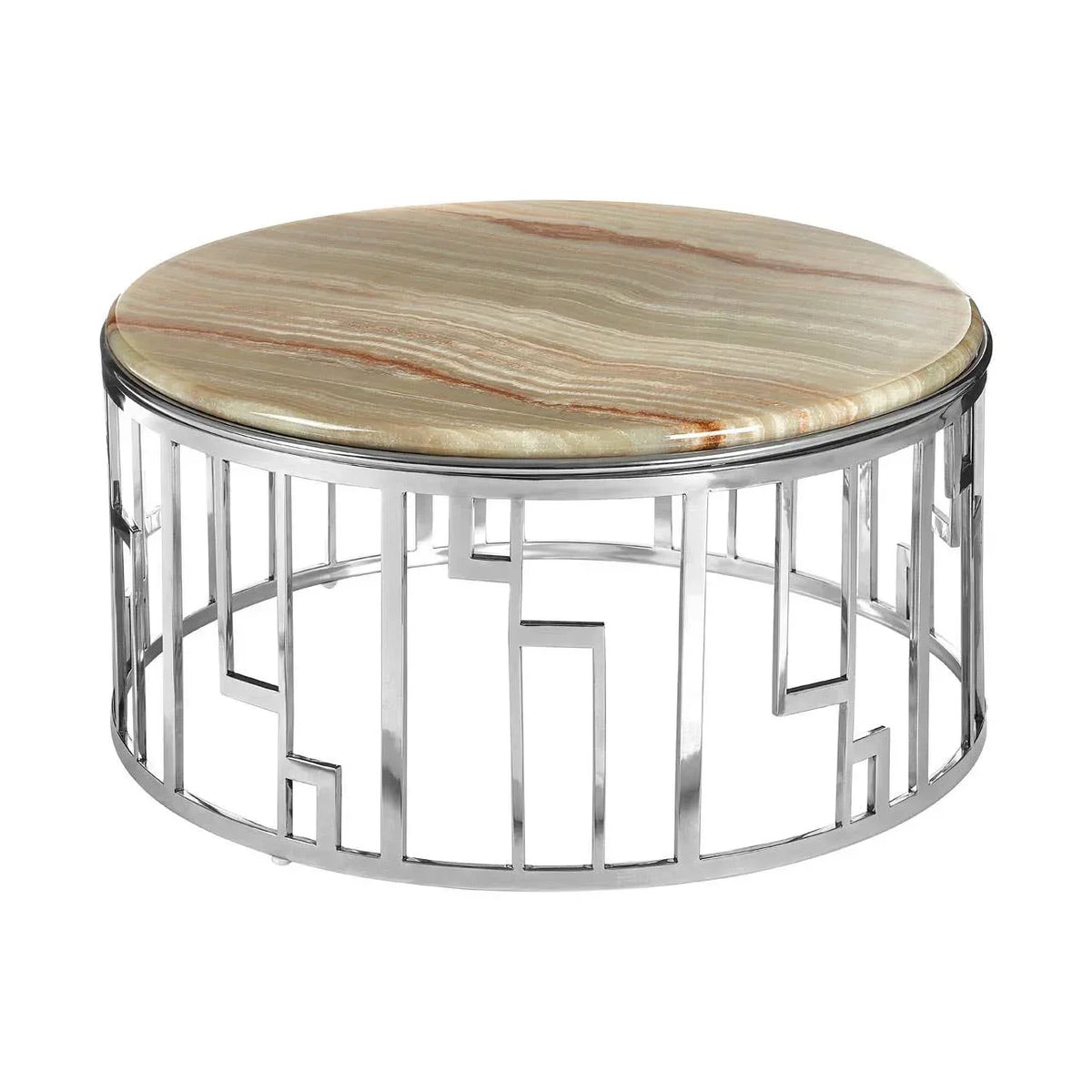 Round coffee table with marble top and chrome geometric metal base