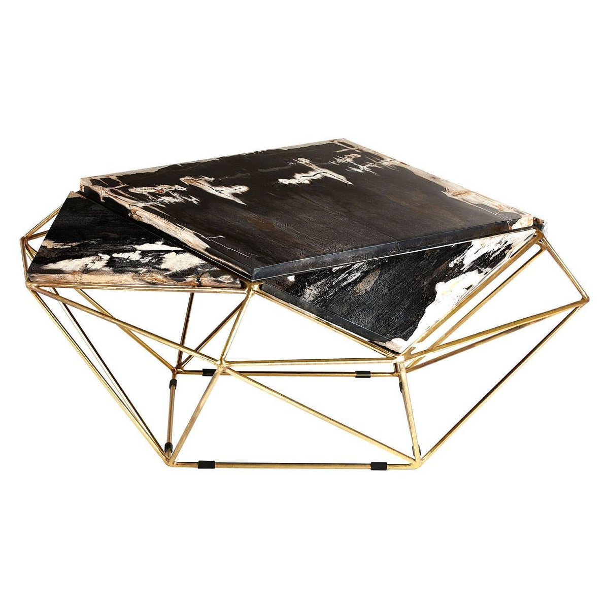 Geometric metal coffee table with black and white marble top and gold frame