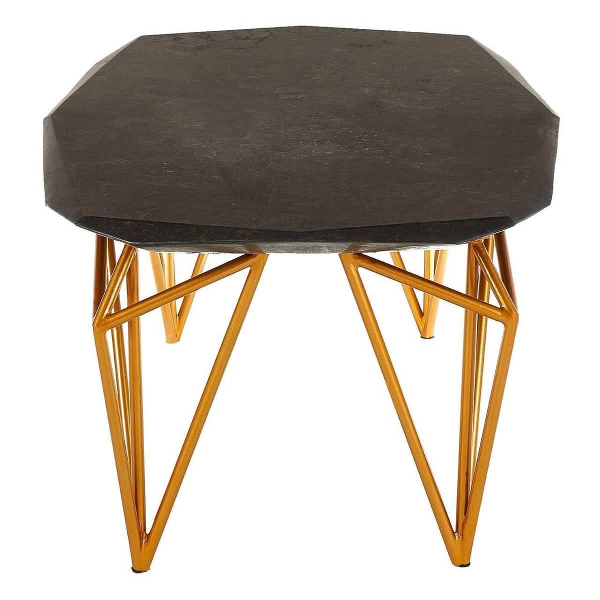 Black marble coffee table with gold geometric metal legs, octagonal top view