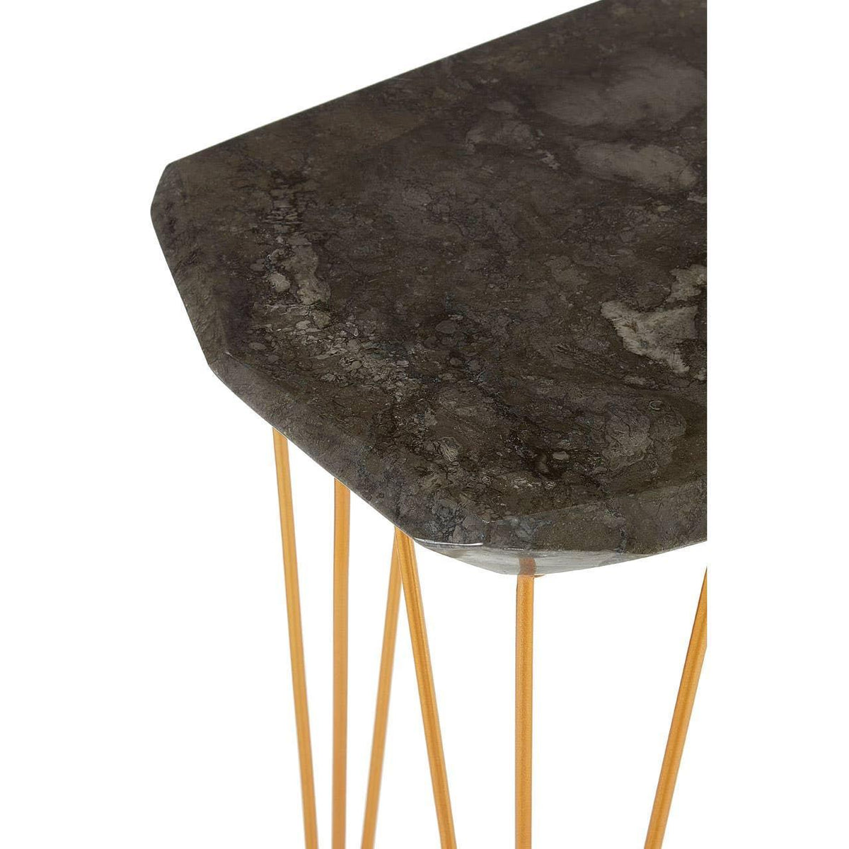 Dark marble side table with gold metal legs, angled view showing tabletop texture