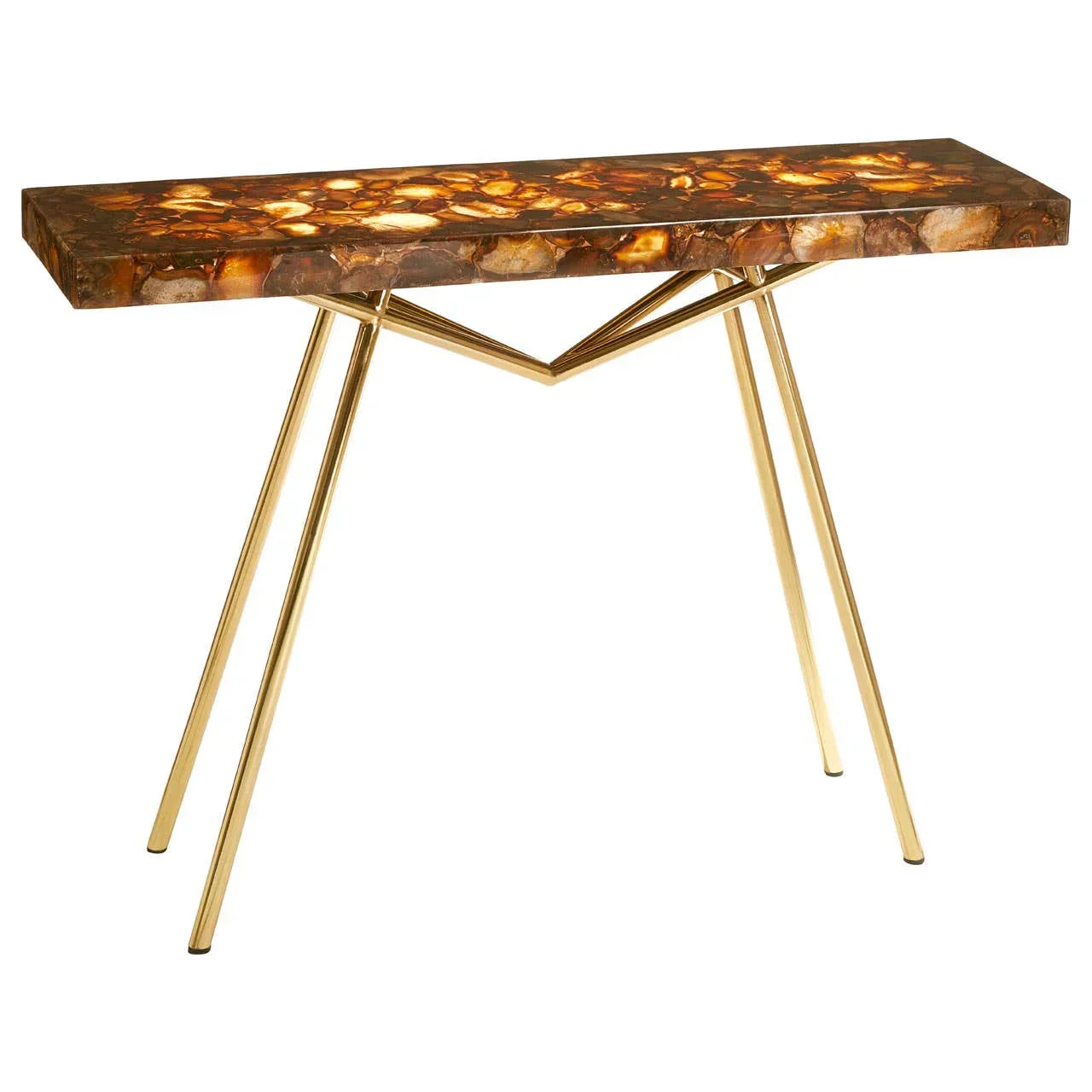 Brown stone console table with gold metal legs and geometric base, shown from side angle