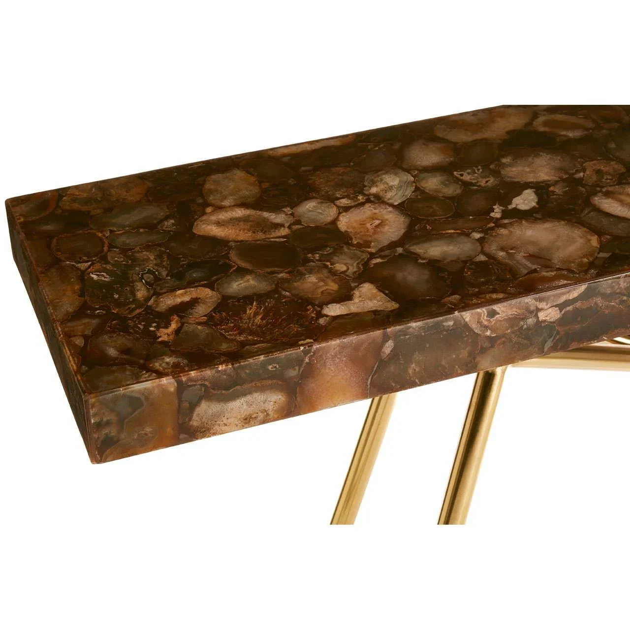 Brown agate console table top with gold metal legs, close-up of surface detail