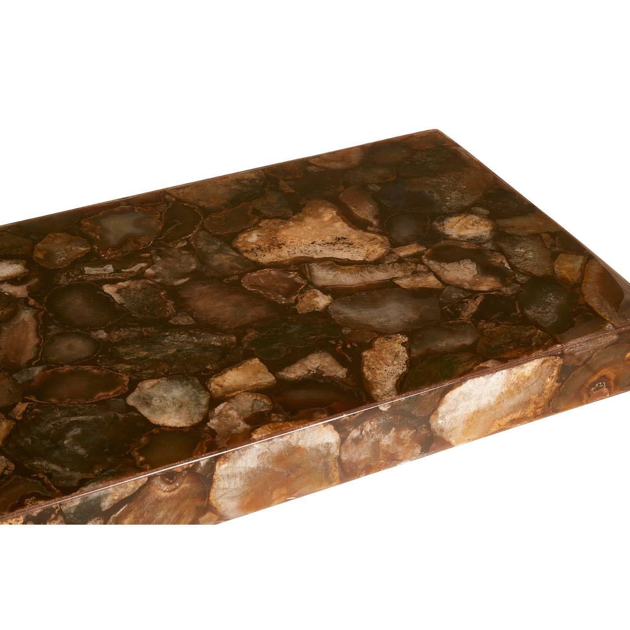 Rectangular brown stone coffee table top with polished agate surface detail