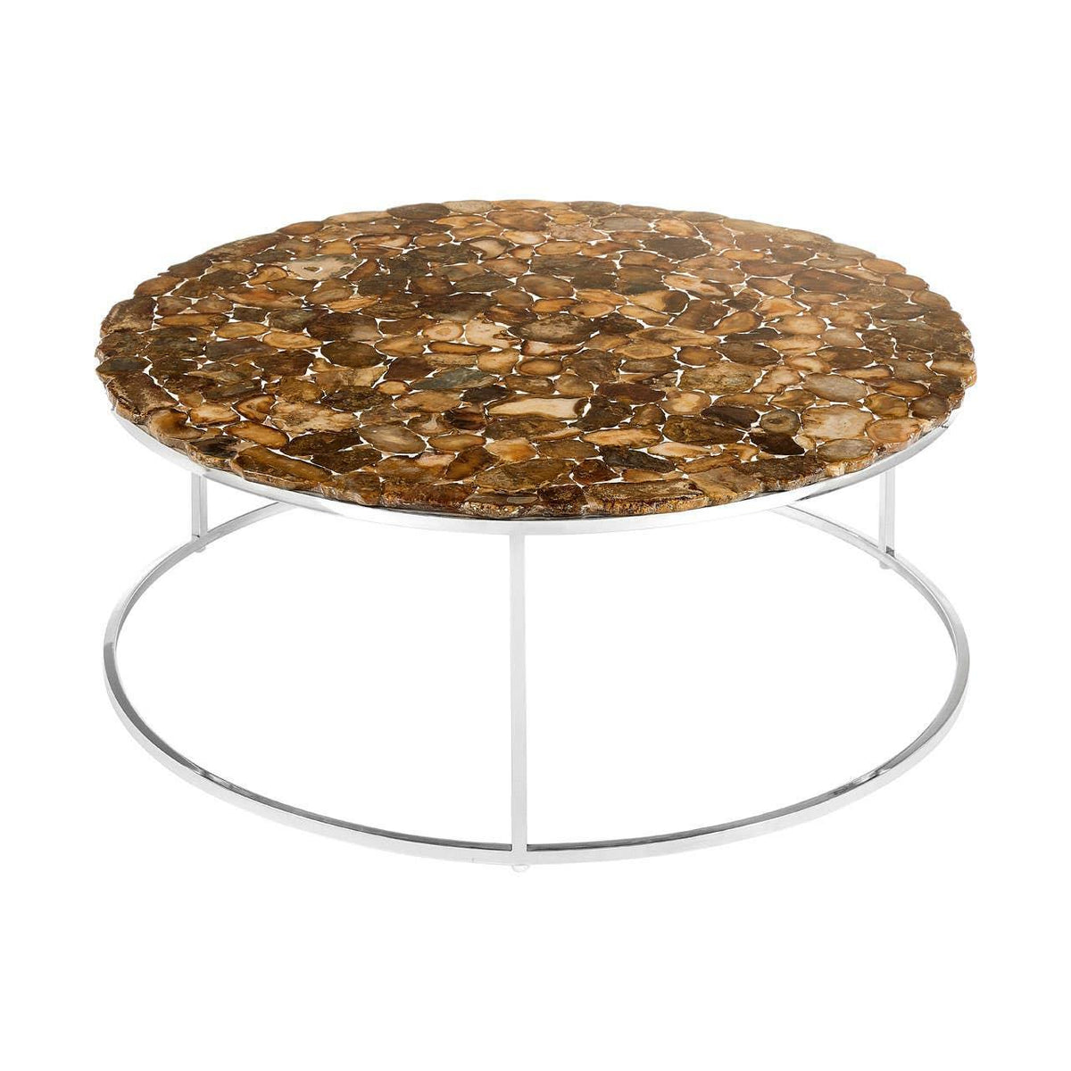 Round coffee table with polished stone top and metal frame