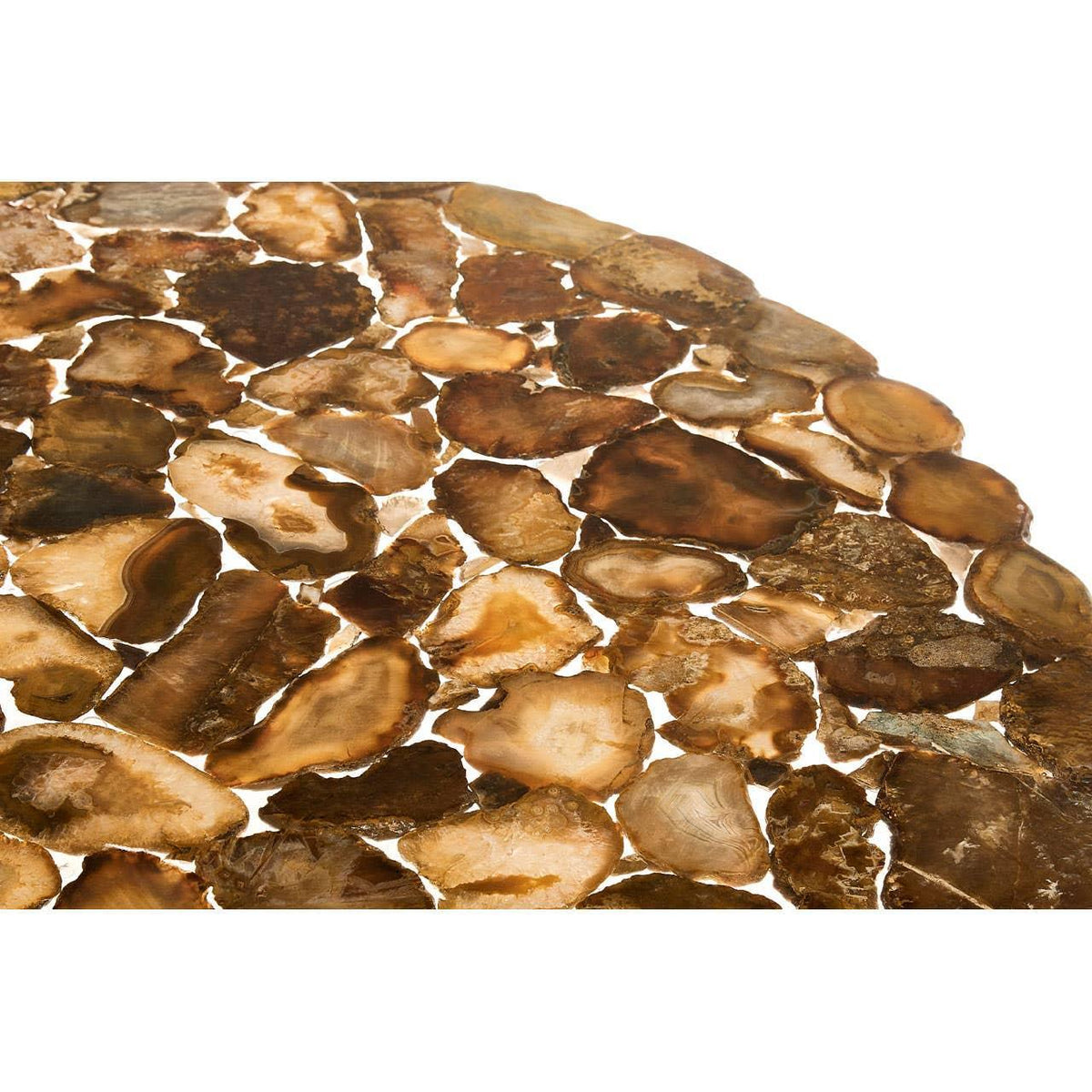 Round brown agate coffee table top with polished stone mosaic surface, close-up view