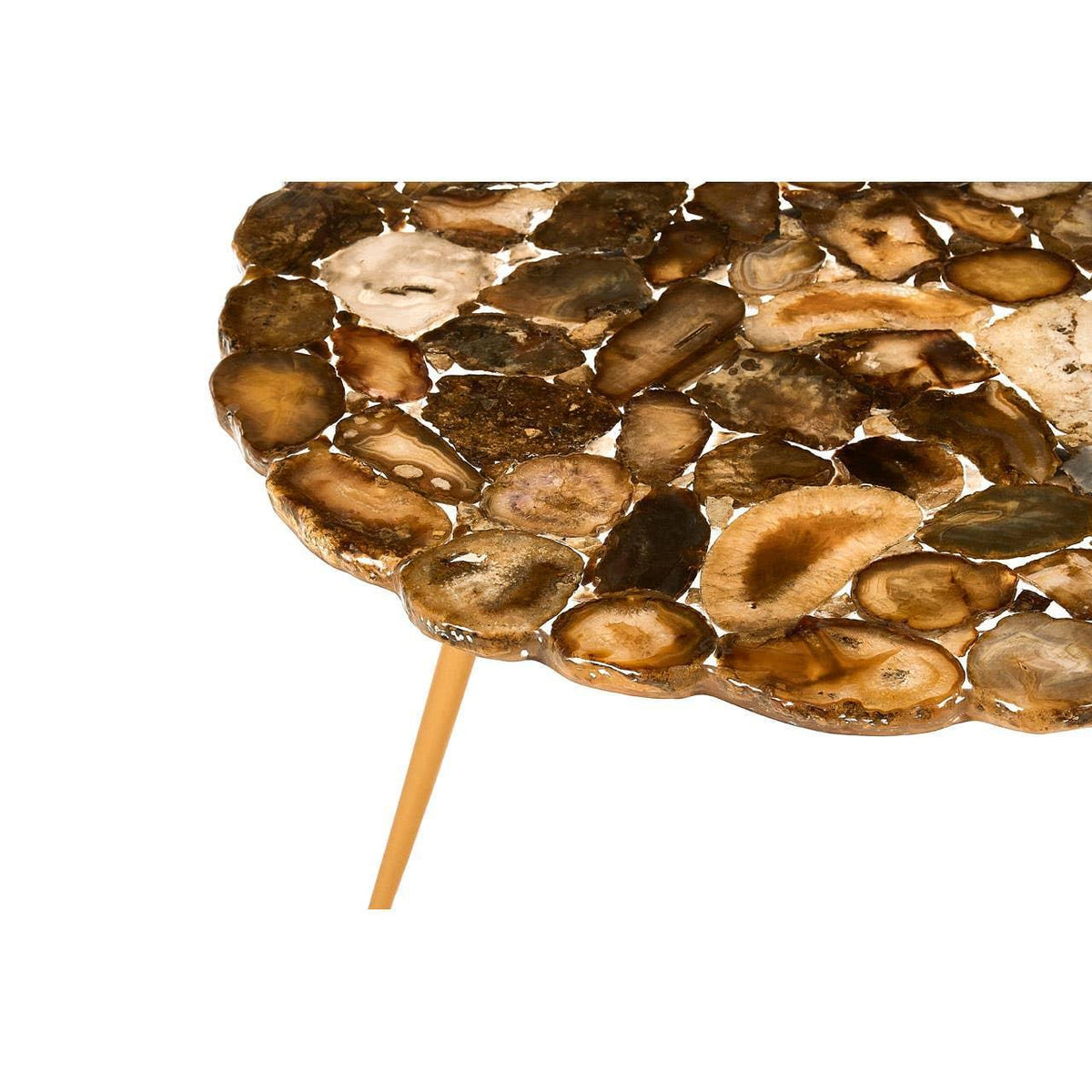 Round agate stone side table with gold metal leg, close-up of tabletop texture