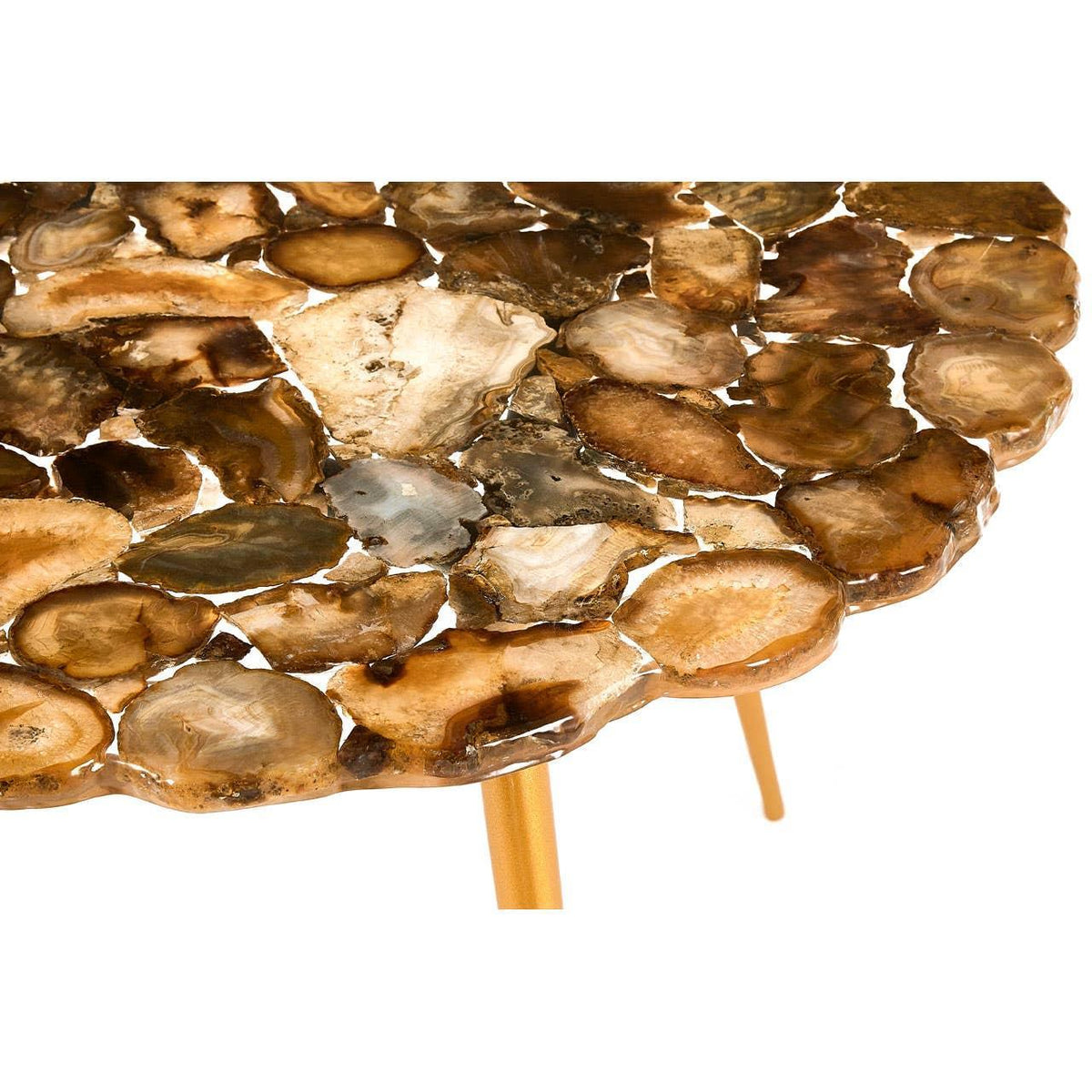 Round agate side table with polished stone top and gold legs, close-up view