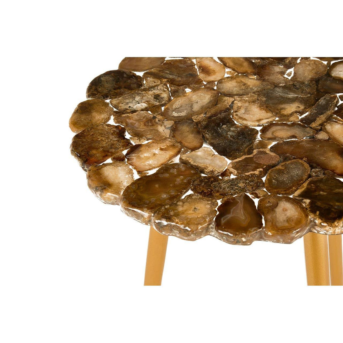 Round agate top side table with brown stone surface and gold metal legs close-up
