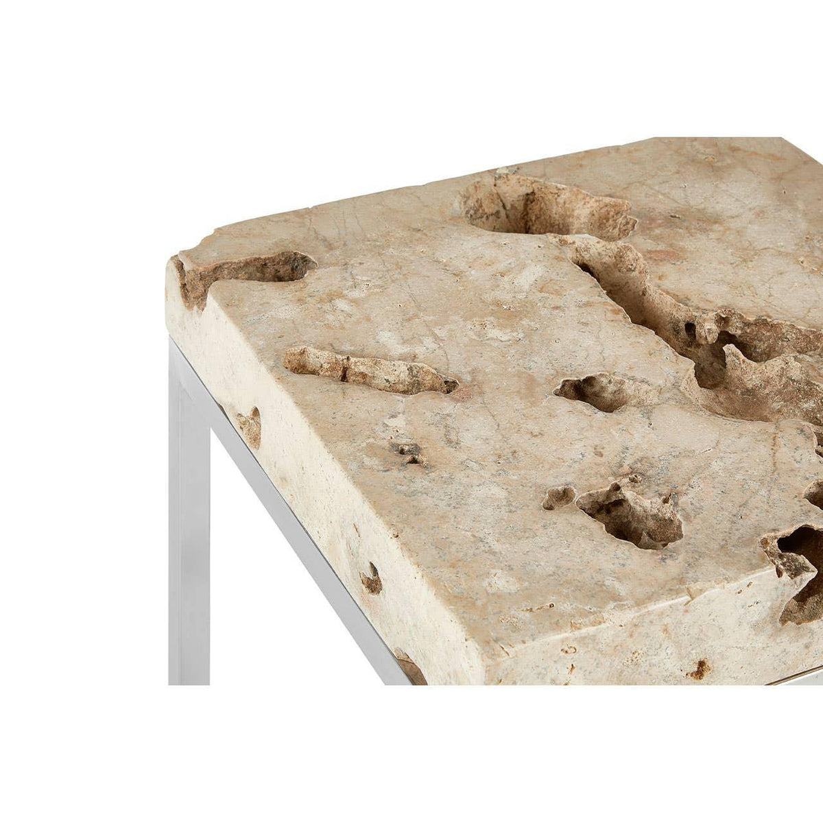 Stone side table top with natural textured surface and metal frame corner view
