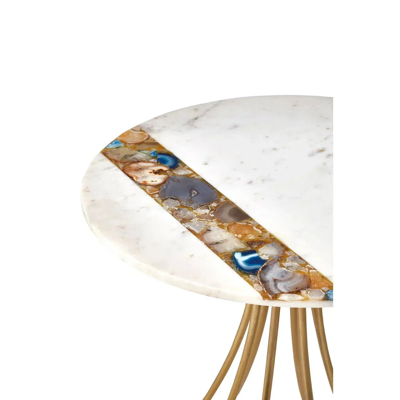 Round marble side table with agate inlay and gold legs