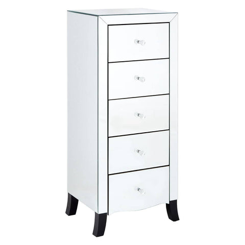 White chest of five drawers featuring a sleek design with a mirror frame and silver accents, standing on black legs. Each drawer has a simple silver handle, and the overall finish is glossy, giving it a modern look