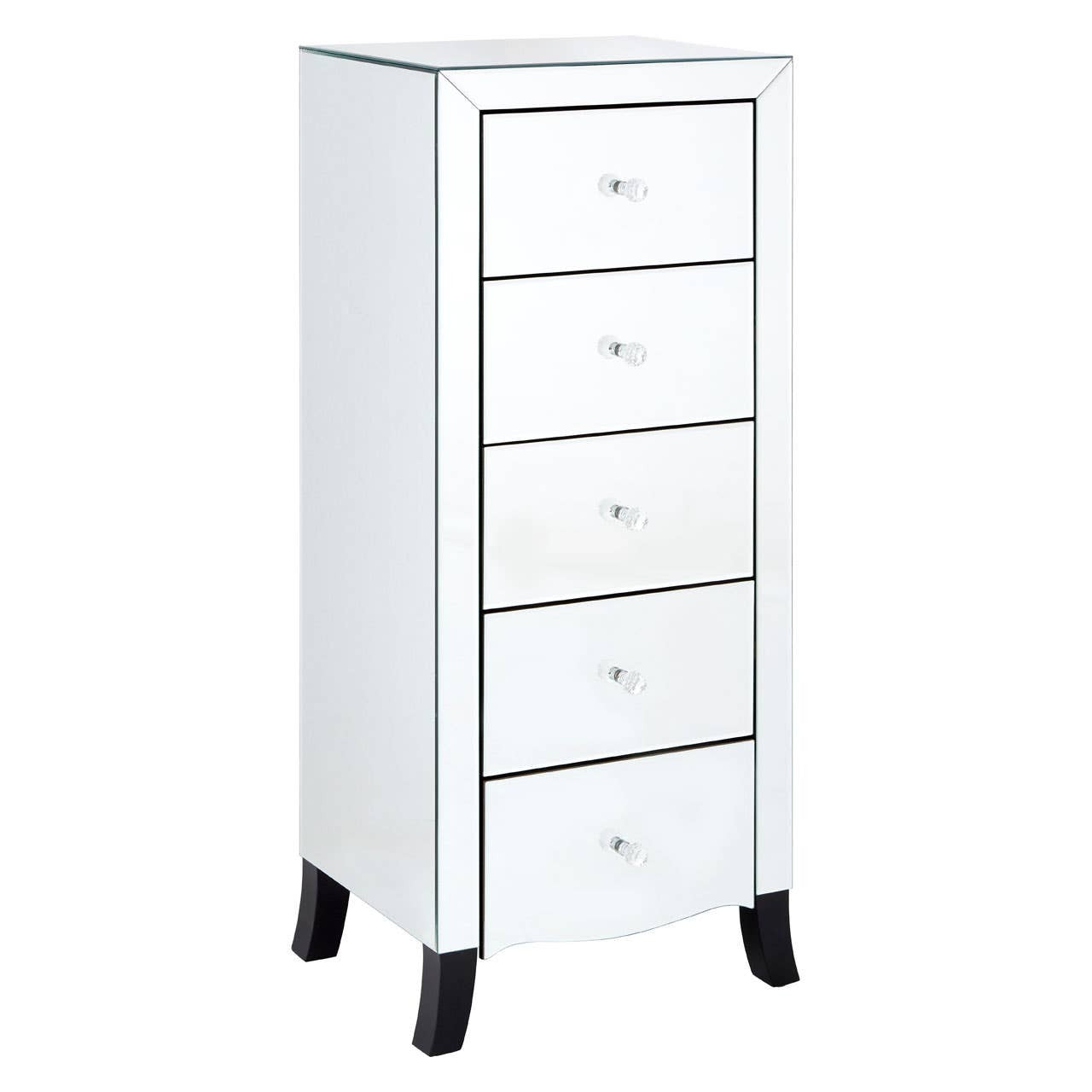 White chest of five drawers featuring a sleek design with a mirror frame and silver accents, standing on black legs. Each drawer has a simple silver handle, and the overall finish is glossy, giving it a modern look