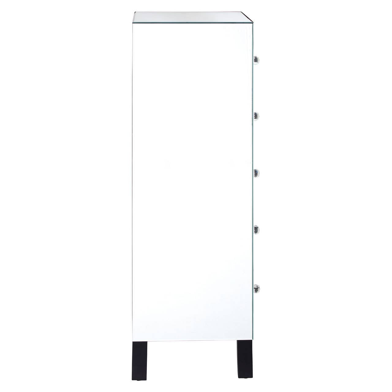 A sleek, modern chest of five drawers featuring a glossy white finish and a mirror frame. The design includes clean lines and minimalist aesthetics, complemented by four sturdy black legs for stability. The drawers are evenly spaced along the front, providing ample storage space while maintaining a stylish appearance