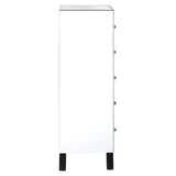 A sleek, modern chest of five drawers featuring a glossy white finish and a mirror frame. The design includes clean lines and minimalist aesthetics, complemented by four sturdy black legs for stability. The drawers are evenly spaced along the front, providing ample storage space while maintaining a stylish appearance