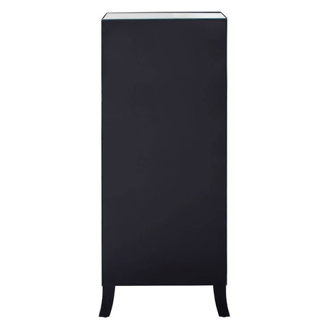 A tall, sleek black chest of drawers featuring five spacious drawers and a smooth top surface, complemented by a mirror frame. The chest has elegantly curved legs, adding a touch of sophistication to its modern design
