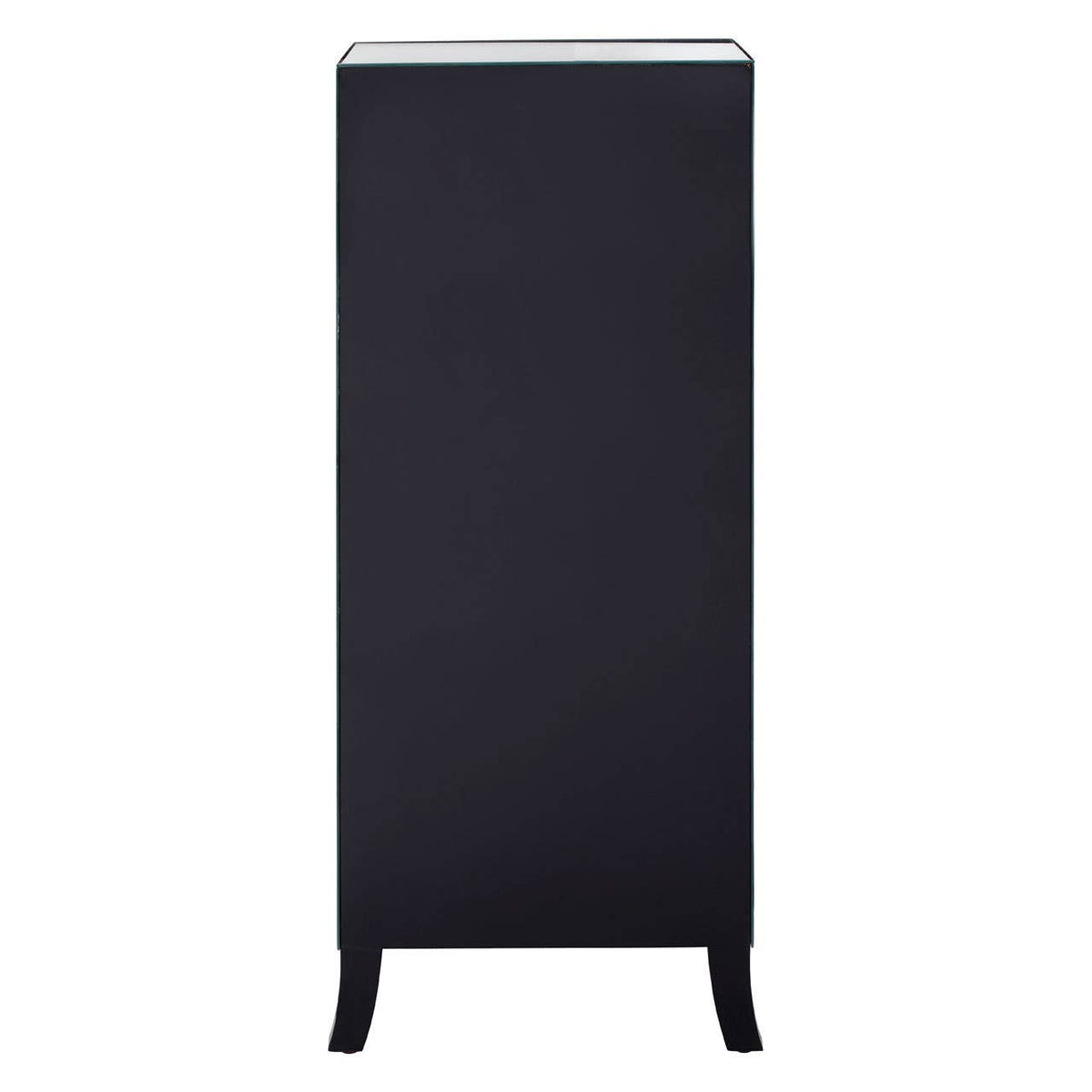 A tall, sleek black chest of drawers featuring five spacious drawers and a smooth top surface, complemented by a mirror frame. The chest has elegantly curved legs, adding a touch of sophistication to its modern design