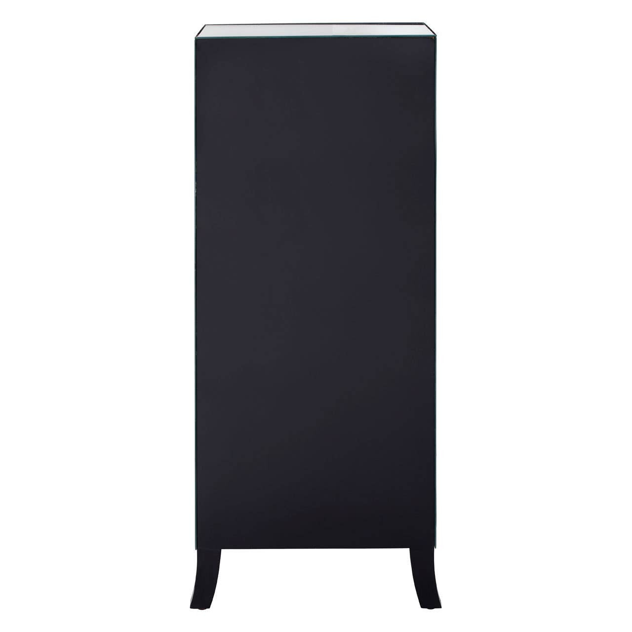 A tall, sleek black chest of drawers featuring five spacious drawers and a smooth top surface, complemented by a mirror frame. The chest has elegantly curved legs, adding a touch of sophistication to its modern design