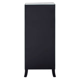 A tall, sleek black chest of drawers featuring five spacious drawers and a smooth top surface, complemented by a mirror frame. The chest has elegantly curved legs, adding a touch of sophistication to its modern design