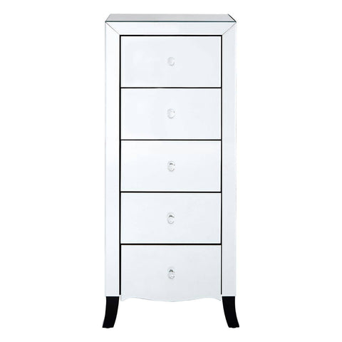 White chest of five drawers featuring a sleek design with a mirror frame, elegant round drawer knobs, and tapered black legs. The chest has a smooth finish and a curved bottom edge, adding a touch of sophistication to any room