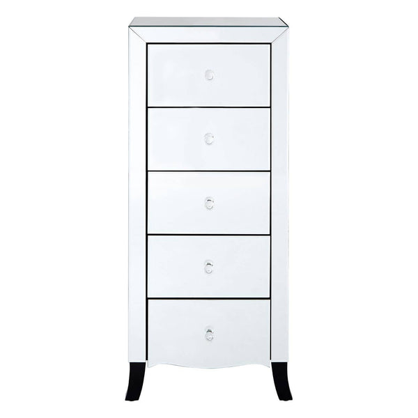 White chest of five drawers featuring a sleek design with a mirror frame, elegant round drawer knobs, and tapered black legs. The chest has a smooth finish and a curved bottom edge, adding a touch of sophistication to any room