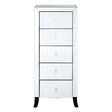 White chest of five drawers featuring a sleek design with a mirror frame, elegant round drawer knobs, and tapered black legs. The chest has a smooth finish and a curved bottom edge, adding a touch of sophistication to any room