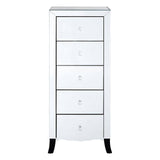 White chest of five drawers featuring a sleek design with a mirror frame, elegant round drawer knobs, and tapered black legs. The chest has a smooth finish and a curved bottom edge, adding a touch of sophistication to any room