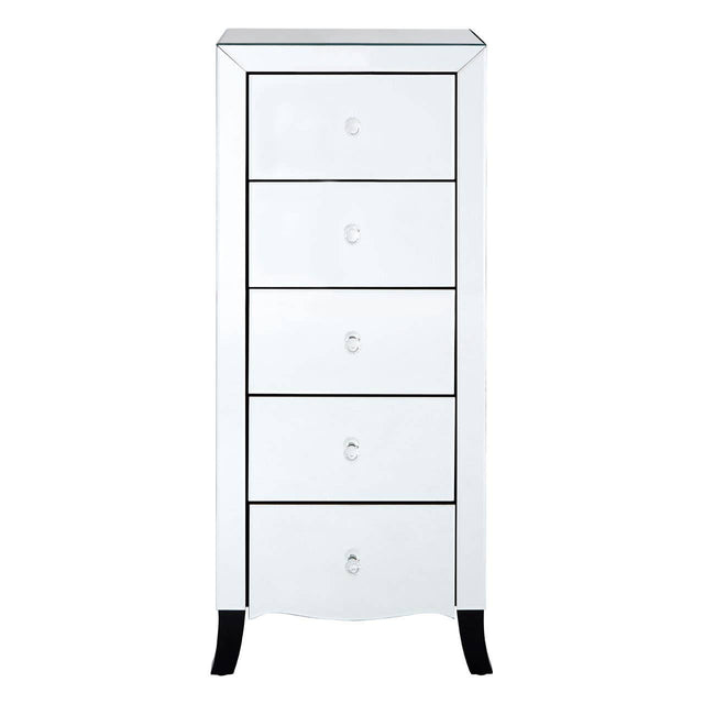 White chest of five drawers featuring a sleek design with a mirror frame, elegant round drawer knobs, and tapered black legs. The chest has a smooth finish and a curved bottom edge, adding a touch of sophistication to any room