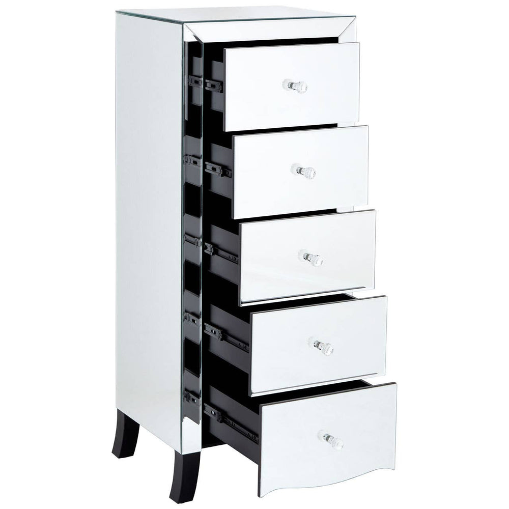 Tall white chest of drawers featuring five sleek, glossy drawers with silver handles, set on short black legs. The design includes a mirror frame at the top, enhancing its modern aesthetic