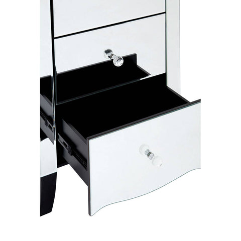 A sleek white chest of five drawers featuring a mirrored frame, with one drawer partially open to reveal a black interior. The chest has a modern design with clean lines and a shiny finish