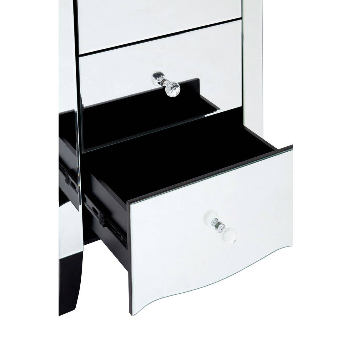 A sleek white chest of five drawers featuring a mirrored frame, with one drawer partially open to reveal a black interior. The chest has a modern design with clean lines and a shiny finish