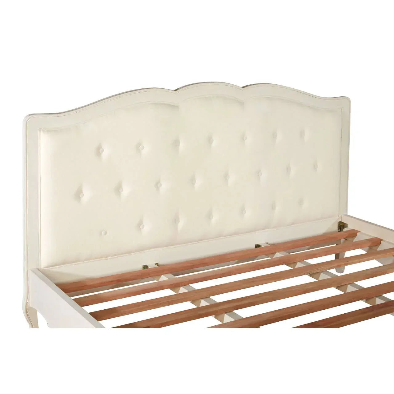 Cream upholstered bed frame with tufted headboard and wooden slats, front angle view