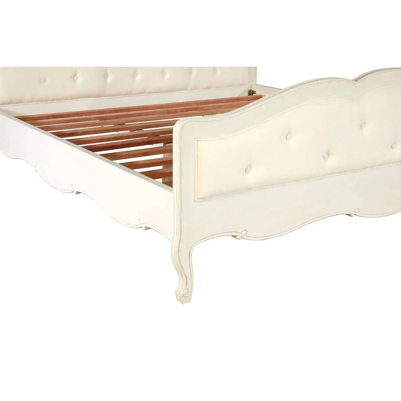 Cream upholstered bed frame with wooden slats and button detail on headboard