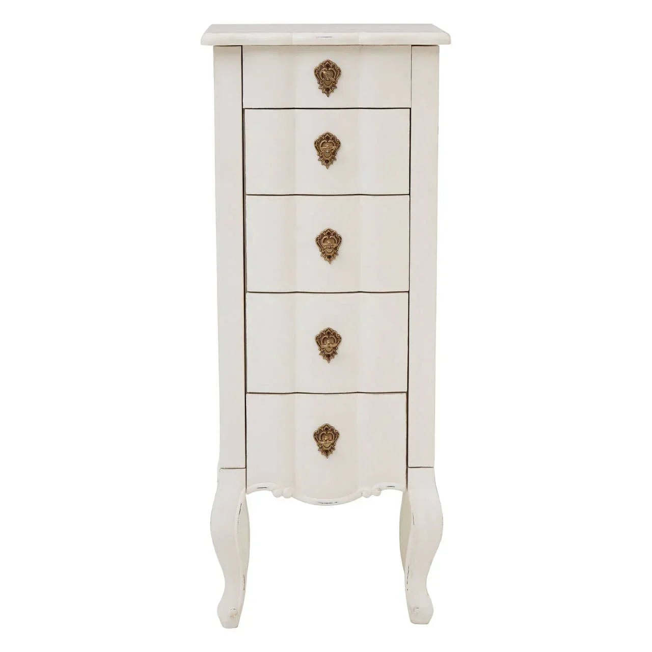 Tall white chest of drawers with ornate brass handles and curved legs