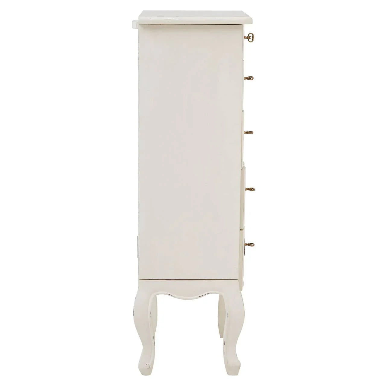 Side view of white wooden tallboy cabinet with curved legs and brass drawer handles
