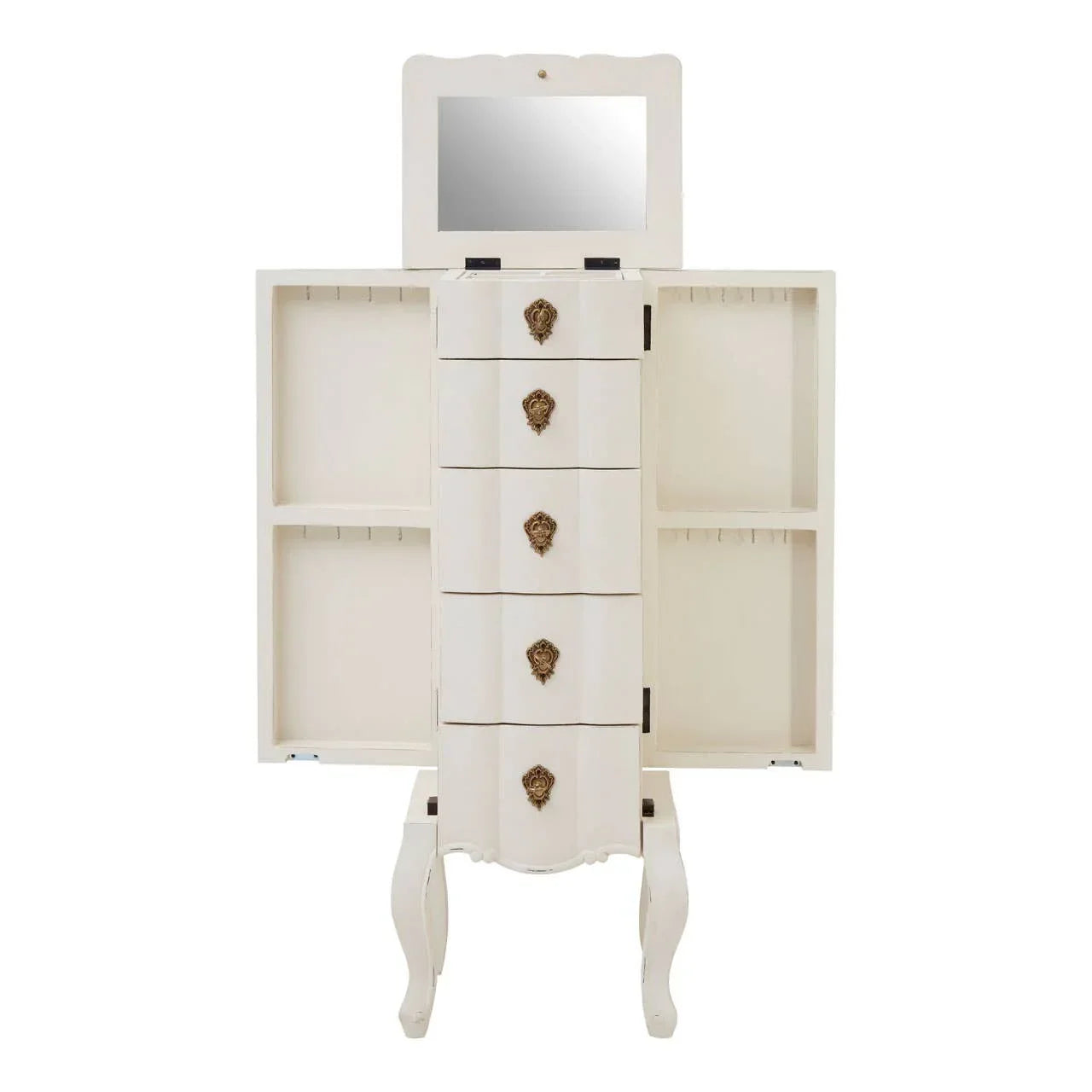 Cream jewellery cabinet with open doors, drawers, ornate handles and top mirror