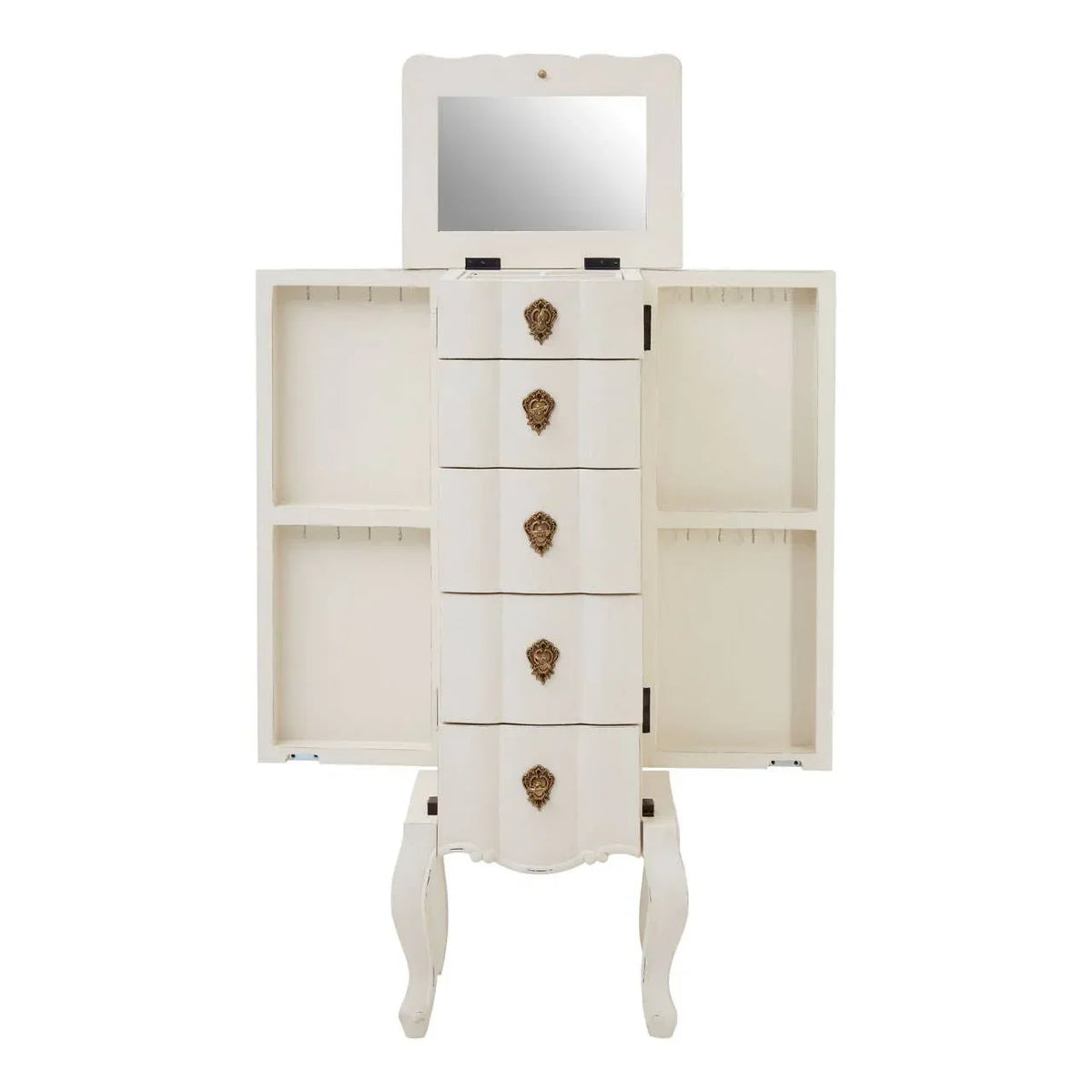 Cream jewellery cabinet with open doors, drawers, ornate handles and top mirror