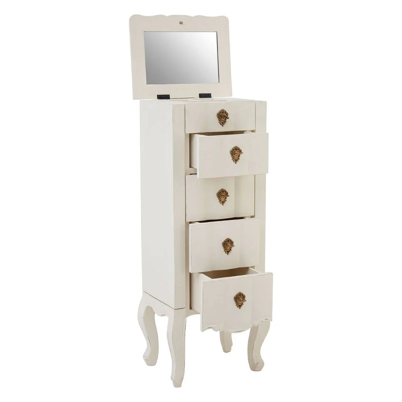 Cream jewelry cabinet with mirror top, elegant curved legs and open storage drawers