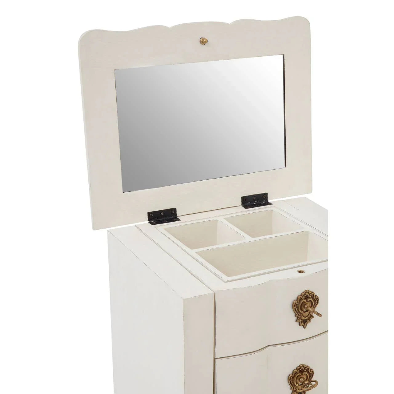 White wooden jewellery box with mirror lid and compartments, ornate metal drawer handles
