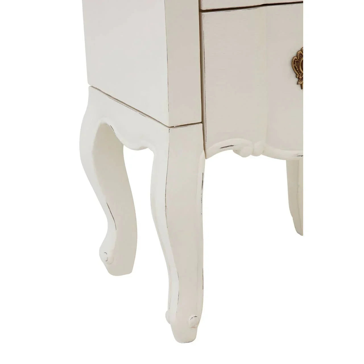 White wooden furniture leg with curved design and vintage metal drawer handle