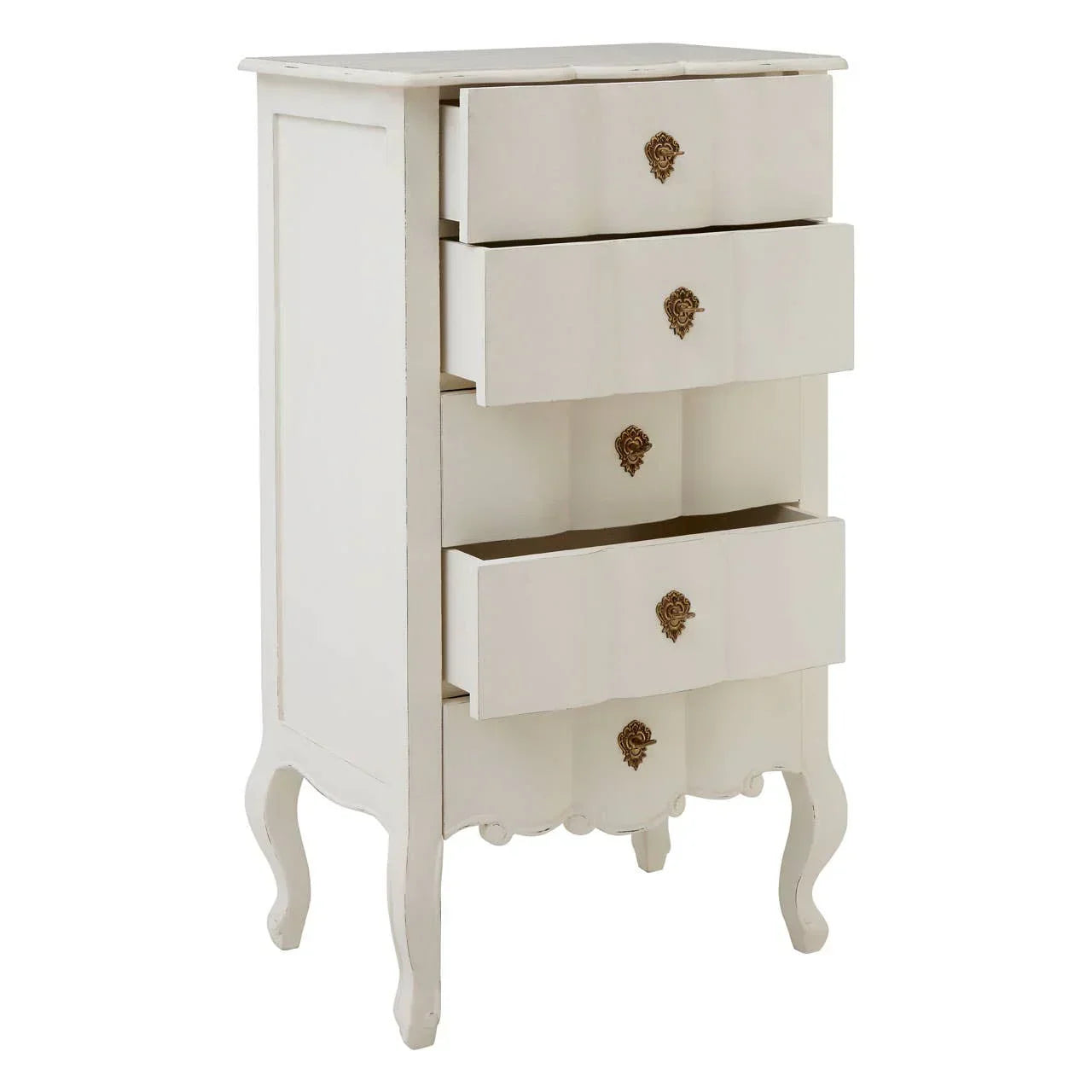 White wooden chest of drawers with ornate handles and curved legs, three drawers open