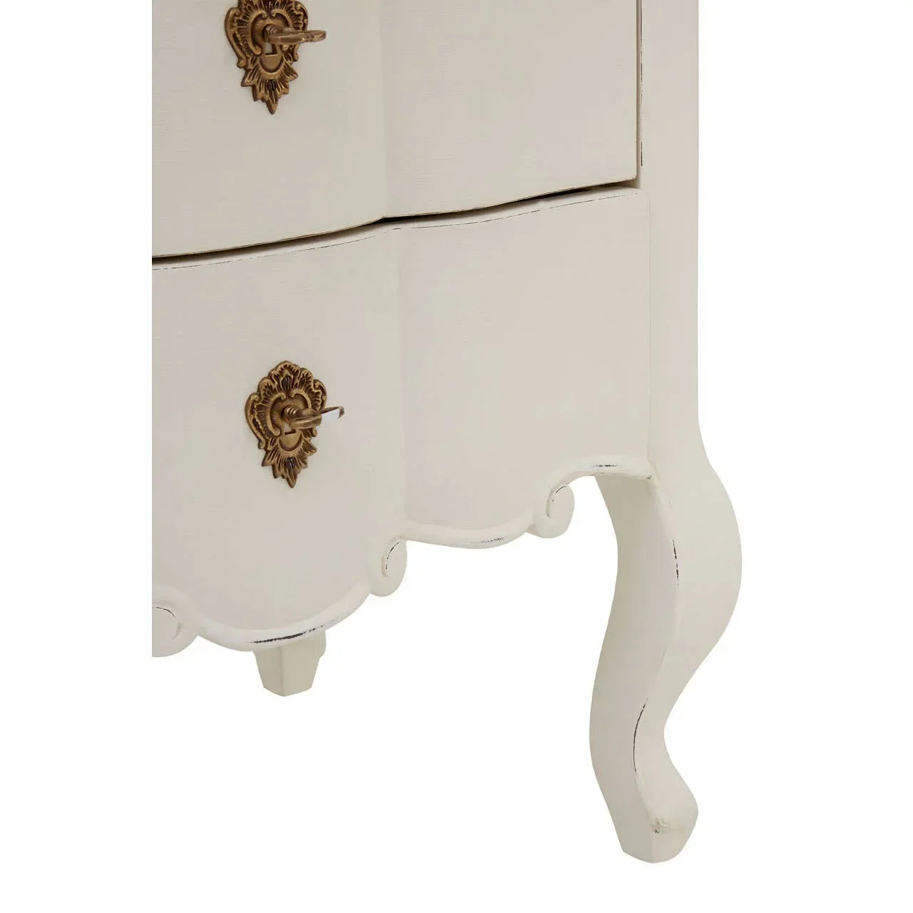 White wooden bedside cabinet with ornate brass handles and curved leg detail