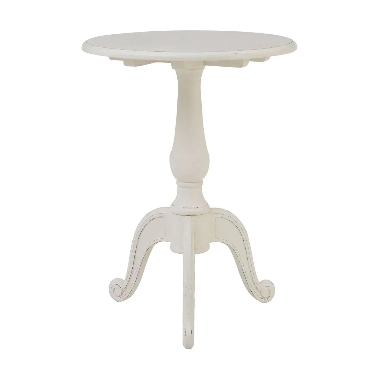 White wooden side table with round top and ornate three-legged base