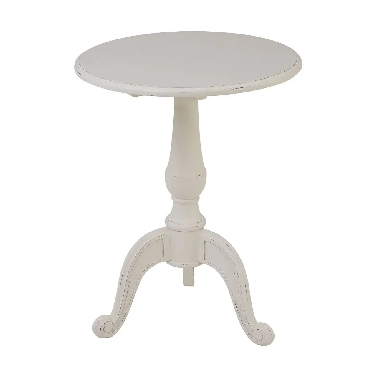 White round wooden side table with pedestal base and distressed finish