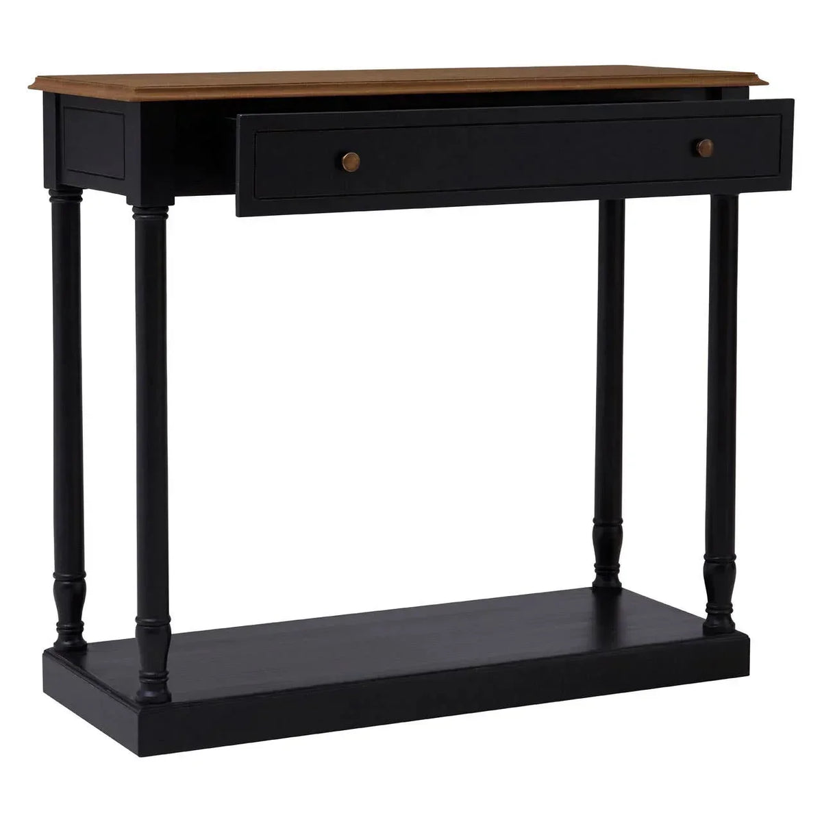 Black console table with wood top, lower shelf, and single drawer, front angled view