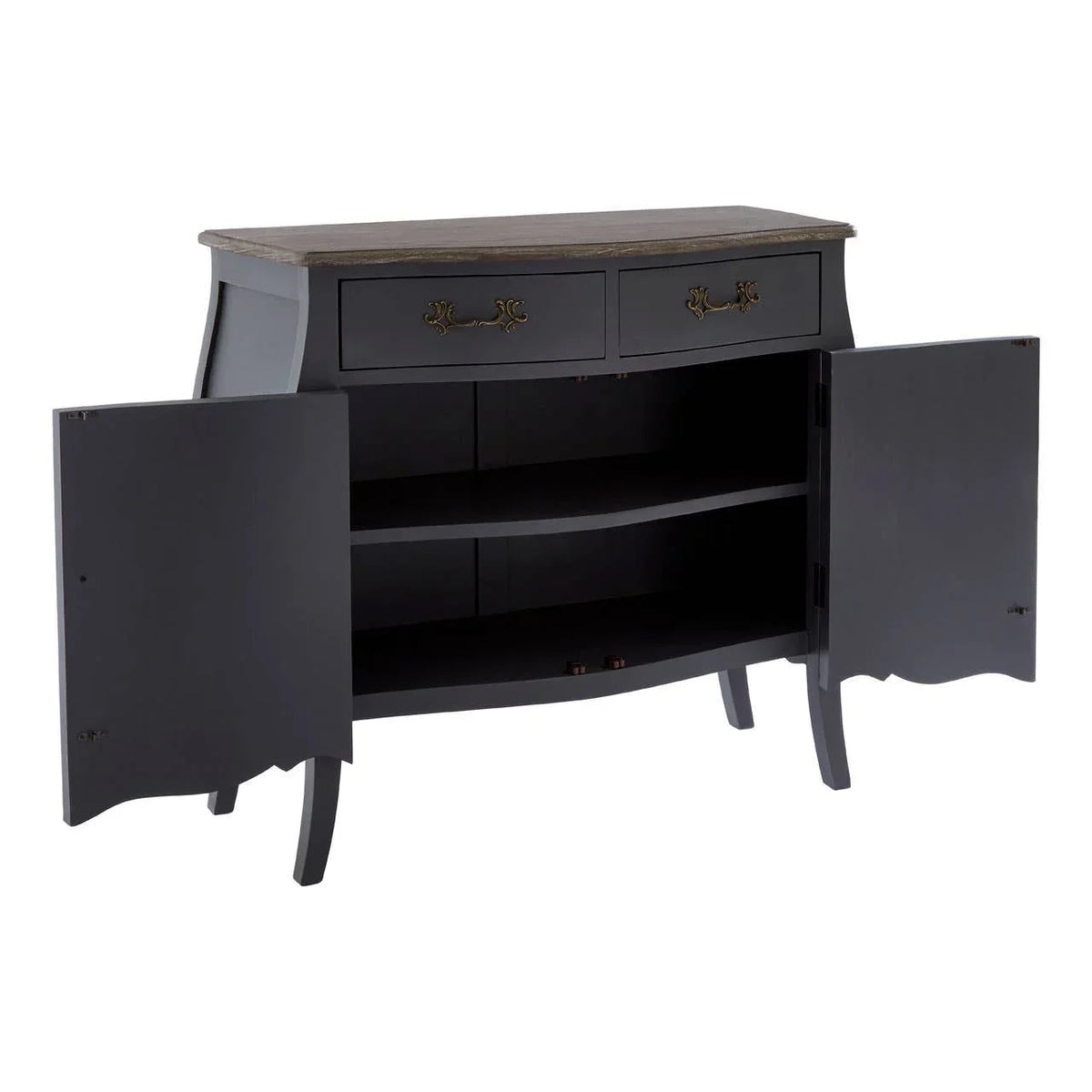 Black sideboard cabinet with wooden top, open doors, interior shelves, and brass handles