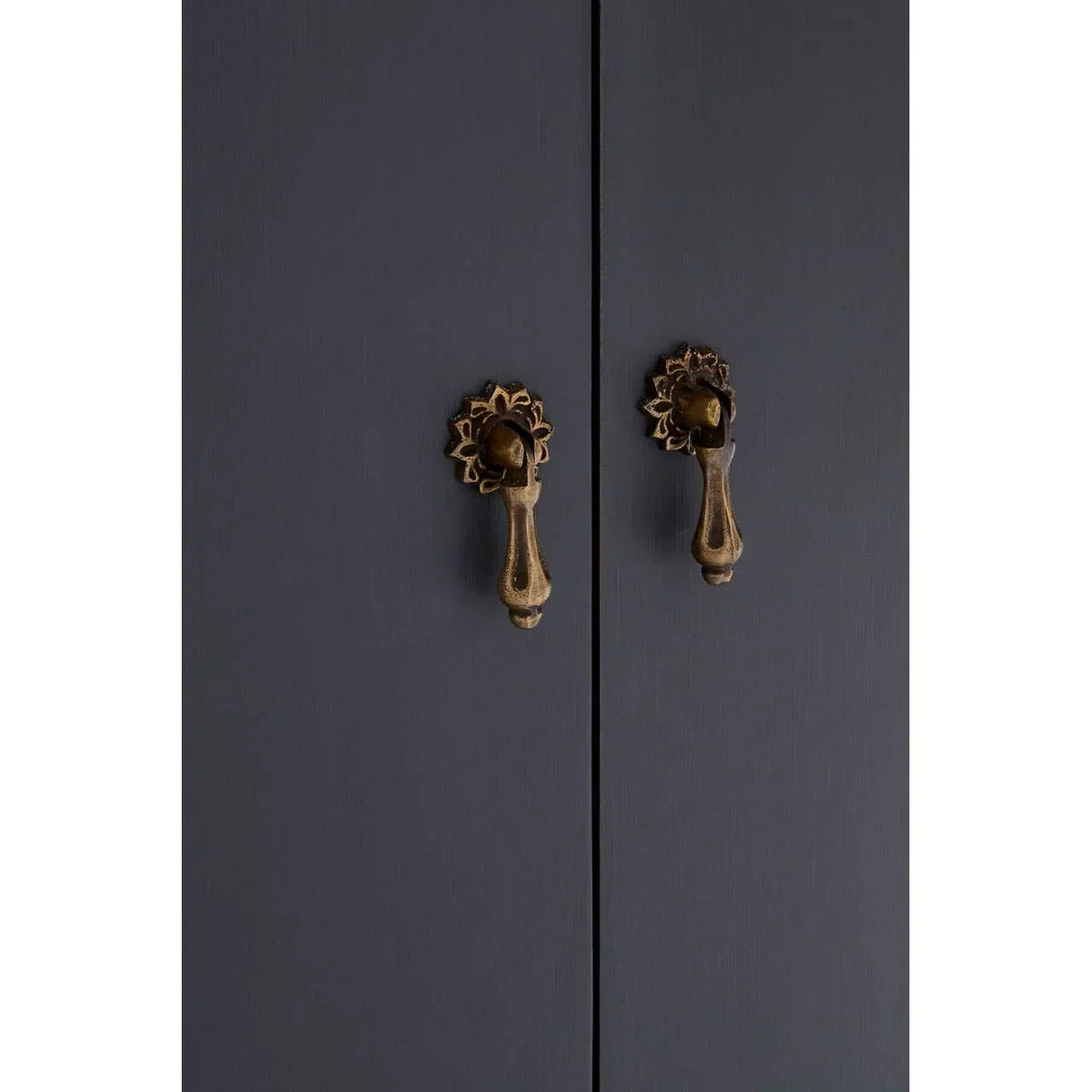 Close-up of dark wardrobe doors with antique brass handles