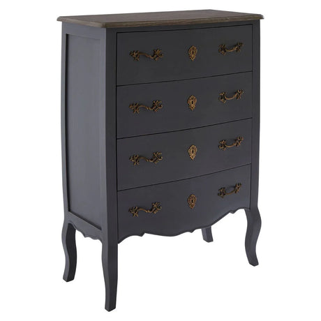 Dark wood chest of drawers with ornate brass handles and curved legs