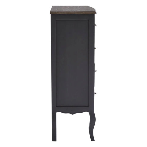 Side view of dark wood chest of drawers with curved leg design