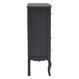 Side view of dark wood chest of drawers with curved leg design