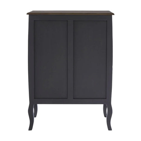 Black wooden cabinet with curved legs and dark brown top, rear view